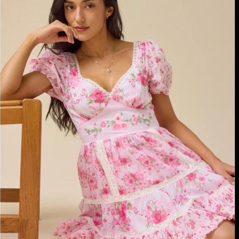 Altar'd State Pink Floral Lace-Trim Puff Sleeve Dress